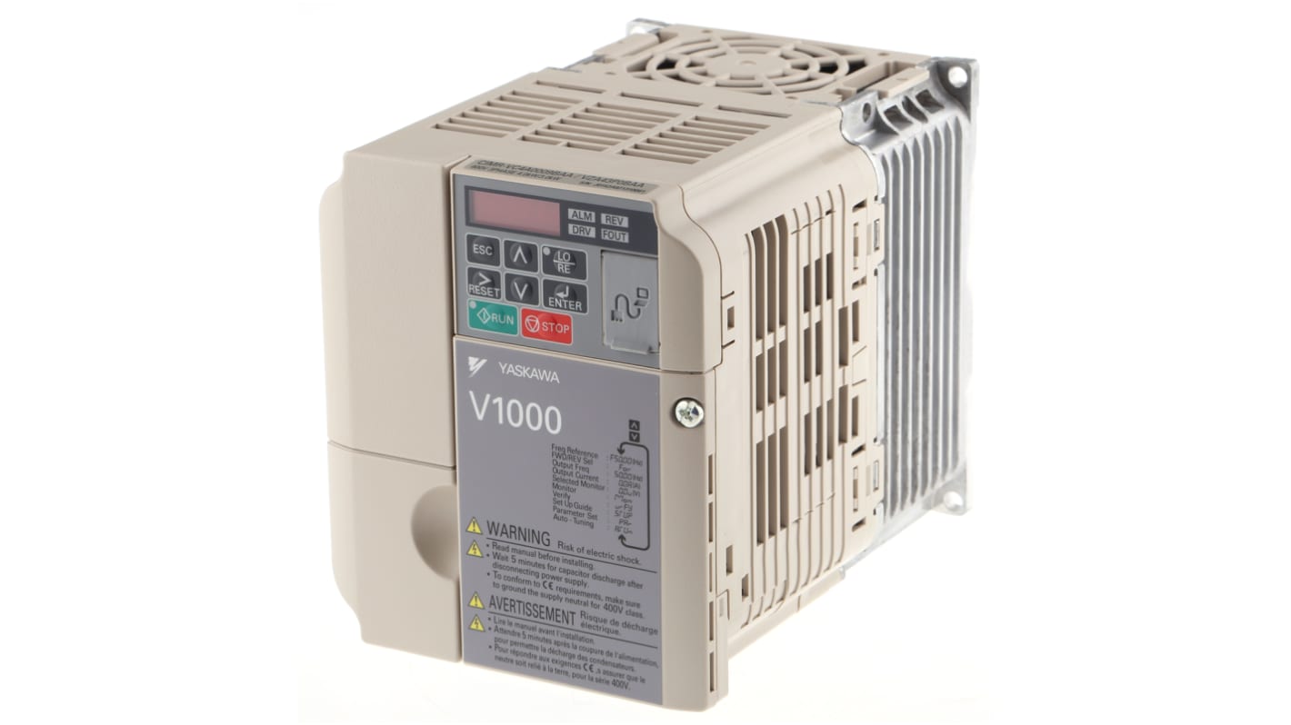 Inverter trifase Omron VZA43P0BAA, potenza 3.7 kW, 400 V, corrente 8.8 A, dimensioni 108x154x128 mm, grado di protezione IP20.