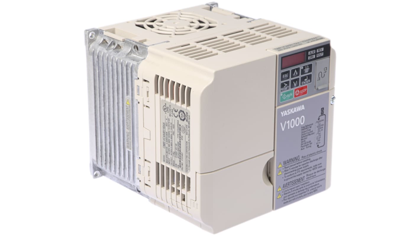 Inverter trifase Omron VZA44P0BAA, potenza 5,5 kW, tensione 400 V, controllo vettore di corrente, dimensioni 128x143x140 mm.