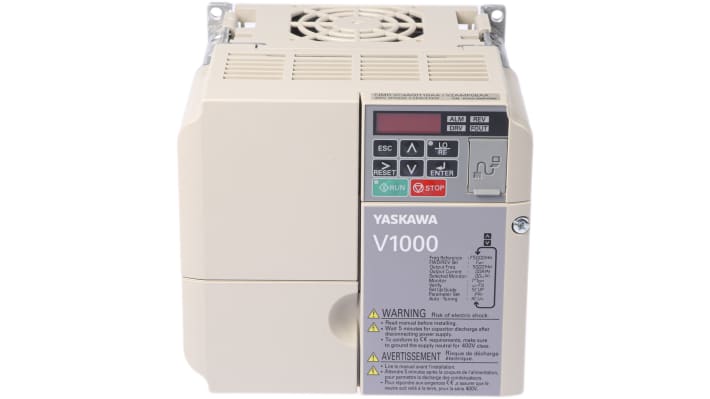 Inverter trifase Omron VZA44P0BAA, potenza 5,5 kW, tensione 400 V, controllo vettore di corrente, dimensioni 128x143x140 mm.