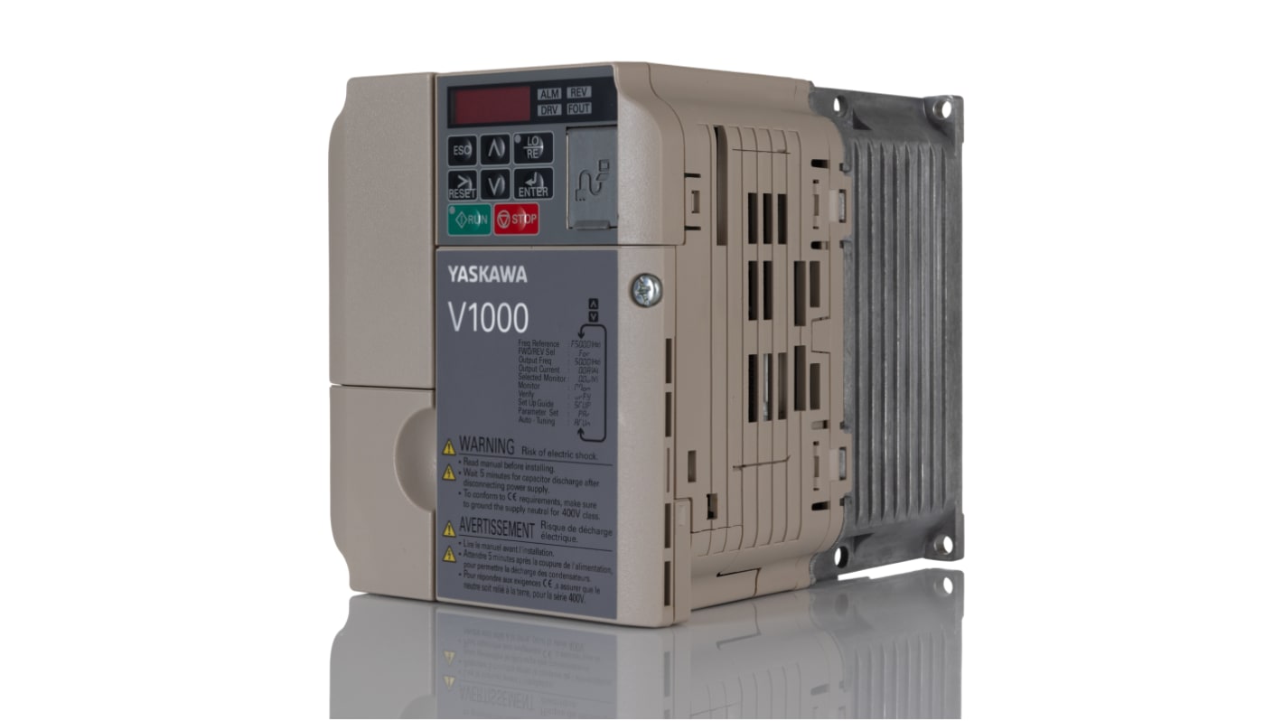 Omron VZA40P7BAA, inverter trifase 1,5 kW, montaggio su guida DIN, dimensioni 128x108x137,5 mm, comunicazione Modbus e Profibus.