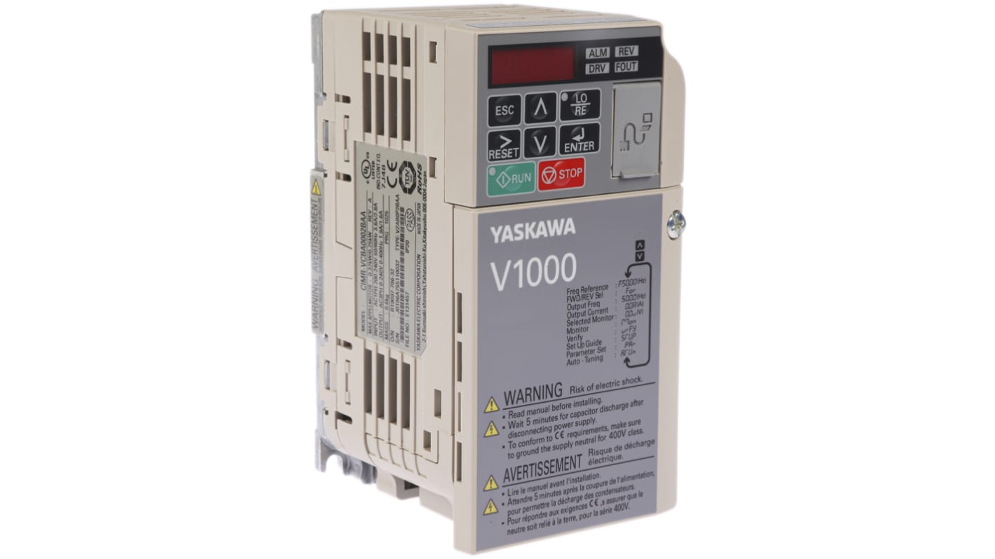 Omron VZAB0P2BAA, inverter monofase 0,37 kW, 230 V, 1,6 A, frequenza 0,1-400 Hz, dimensioni 128x68x76 mm, grado di protezione IP20.