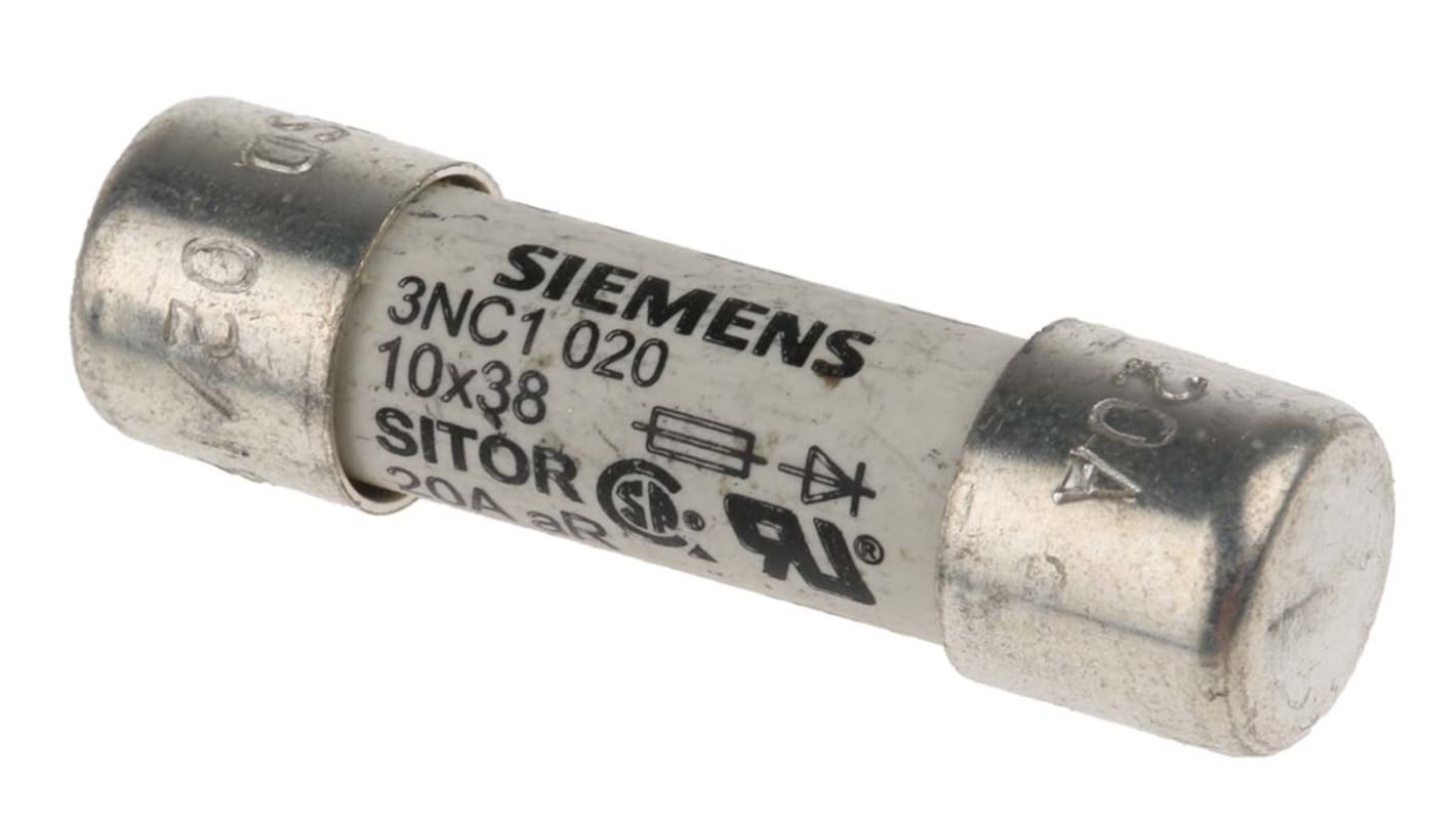Fusibile cilindrico Siemens 3NC1020 AR 10x38mm 20A 600V per protezione semiconduttori e dispositivi elettronici. Conforme a IEC 60269-4.