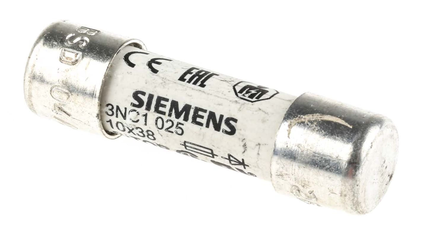 Fusibile cilindrico Siemens 3NC1025, 10x38mm, tipo AR. Protezione completa per semiconduttori e dispositivi di alta qualità. Conforme agli standard IEC 60269-4.