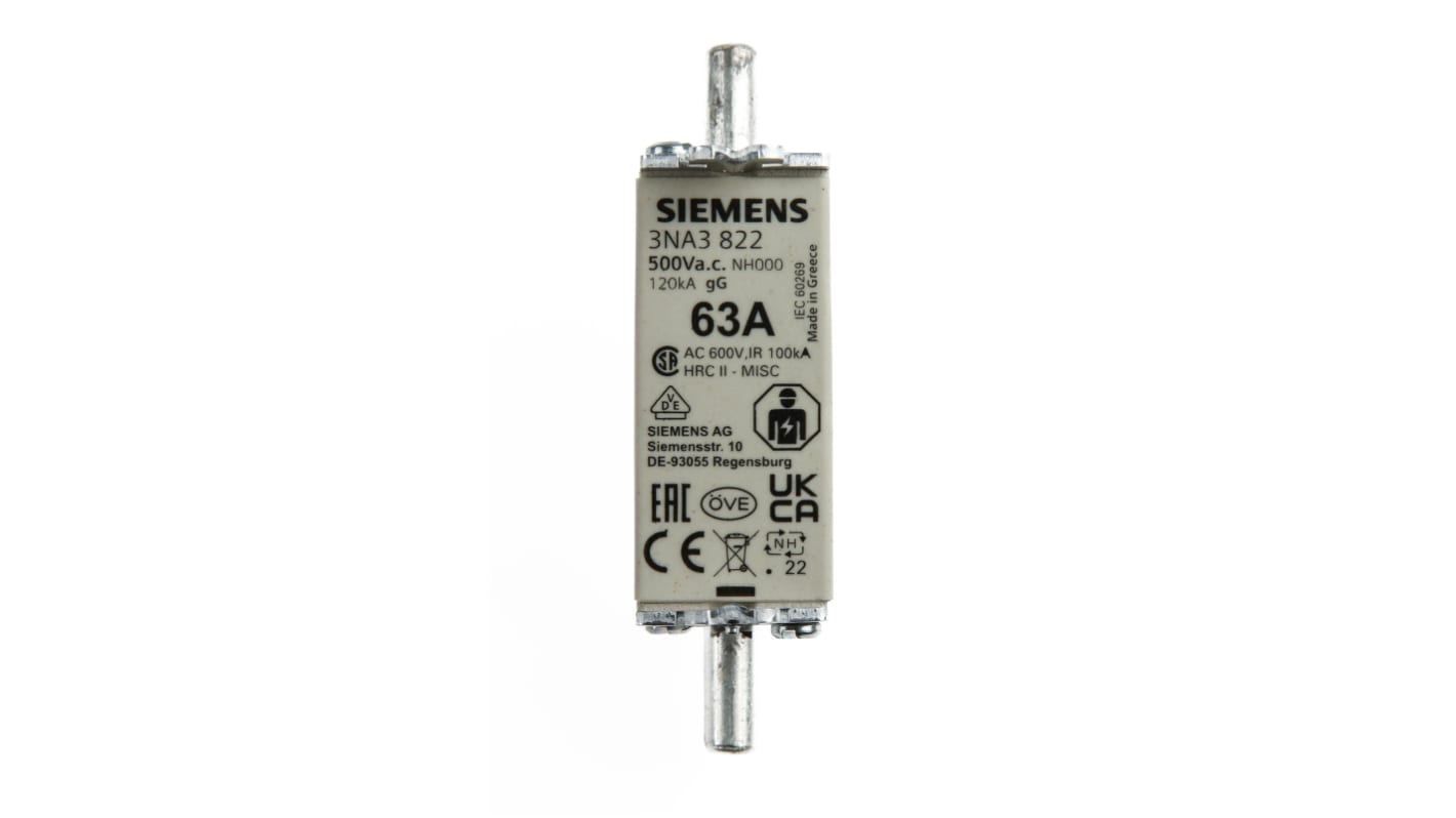 Fusibile NH 63A Siemens, corpo in ceramica, contatti argentati, dimensioni 77.8 x 21 mm, grado di protezione IP20.