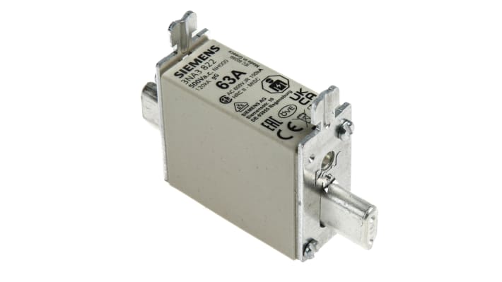 Fusibile NH 63A Siemens, corpo in ceramica, contatti argentati, dimensioni 77.8 x 21 mm, grado di protezione IP20.