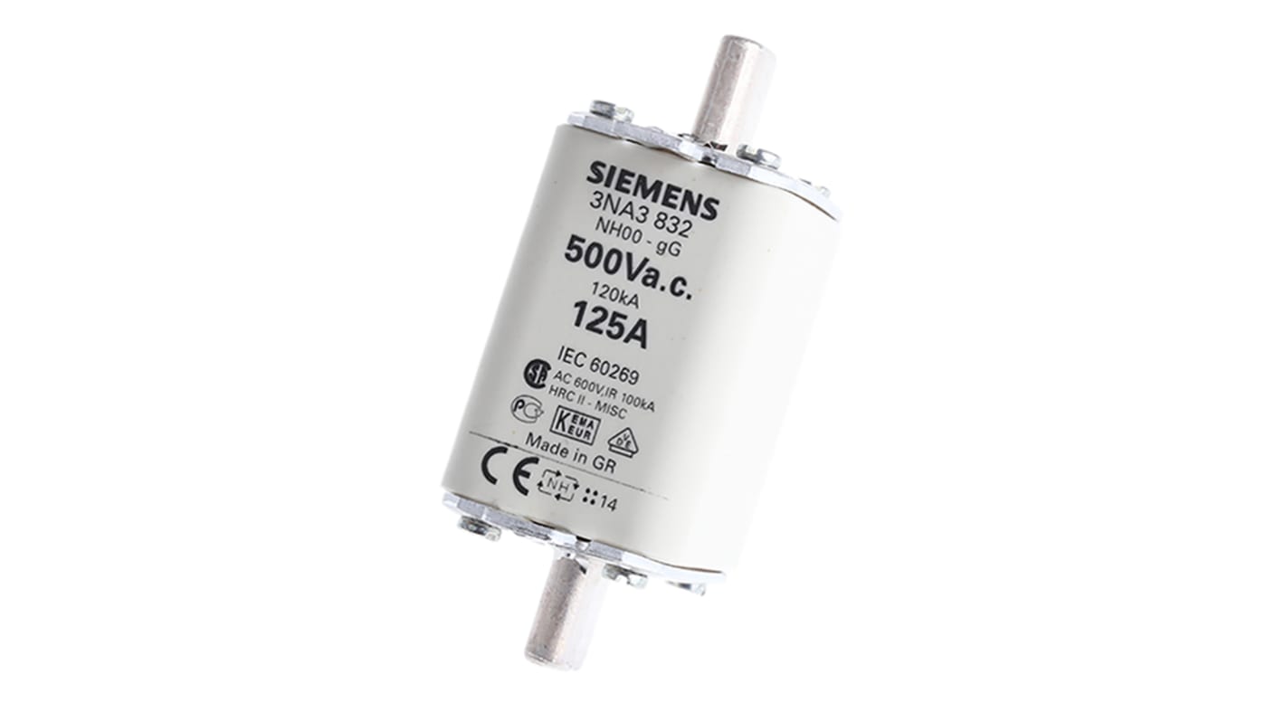 Fusibile NH Siemens 125A NH00 3NA3832 - CSA 22.2 IEC EN 60269 VDE 0636. Protezione da cortocircuiti e sovracorrenti per impianti industriali. Alta capacità di rottura e resistenza alla corrosione.
