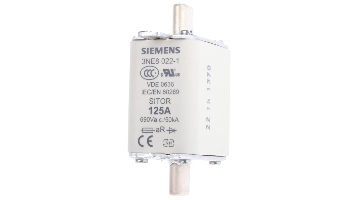 Fusibile NH00 Siemens 125A 3NE8022-1 per protezione semiconduttori, conformi a standard IEC 60269-2. Adatti a basi NH e interruttori di carico.