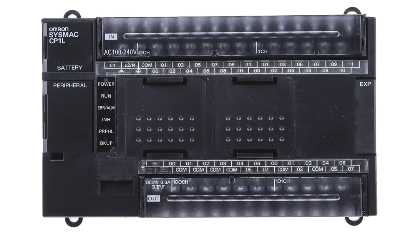 Omron CP1L-M40DR-A, CPU PLC con 40 I/O, montaggio su guida DIN, dimensioni 150 x 110 x 85 mm, alimentazione 85-264 V.