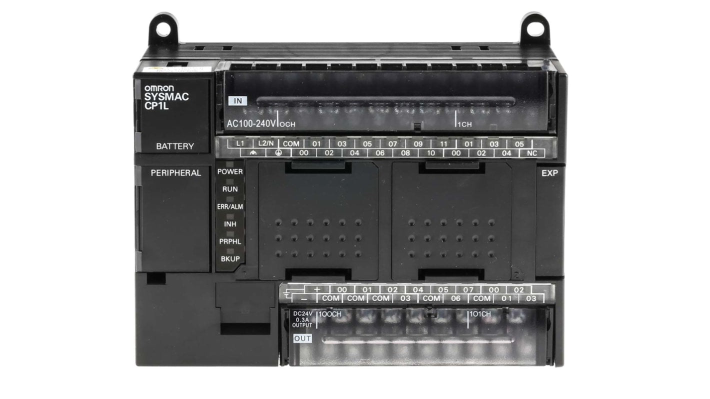 Omron CP1L-M30DR-A, PLC con 30 I/O, 12 uscite relè, montaggio su guida DIN, dimensioni 130 x 110 x 85 mm.