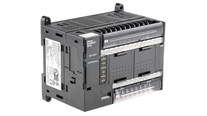 Omron CP1L-M30DR-A, PLC con 30 I/O, 12 uscite relè, montaggio su guida DIN, dimensioni 130 x 110 x 85 mm.