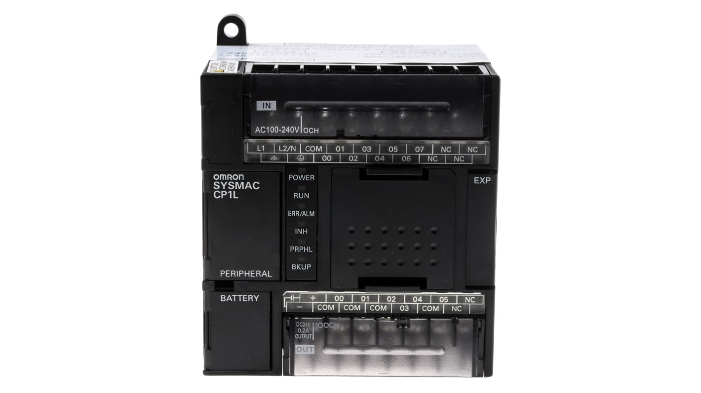 Omron CP1L-L14DR-A, CPU PLC con 14 I/O, 6 uscite relè, montaggio su guida DIN, dimensioni 86 x 110 x 85 mm.