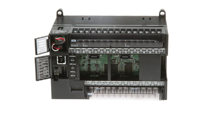 Omron CP1L-M40DR-D, CPU PLC con 40 I/O, montaggio su guida DIN, dimensioni 150x110x85 mm, programmazione Ladder Logic.