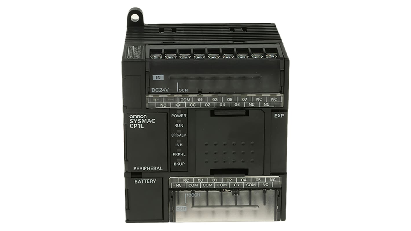Omron CP1L-L14DT1-D, CPU PLC con 8 ingressi, 6 uscite, montaggio su guida DIN, dimensioni 86 x 110 x 85 mm.