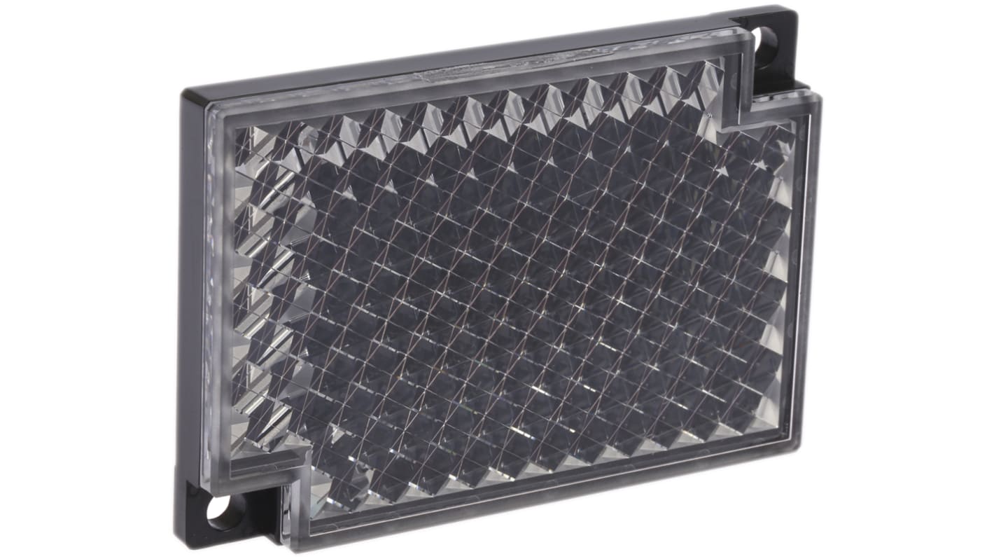 Riflettore Omron E39-R1S per sensori fotoelettrici, superficie in resina acrilica, gamma di rilevamento assiale 0,1-3,7 m, radiale 0,1-2,4 m. Montaggio semplice con fori pre-forati.