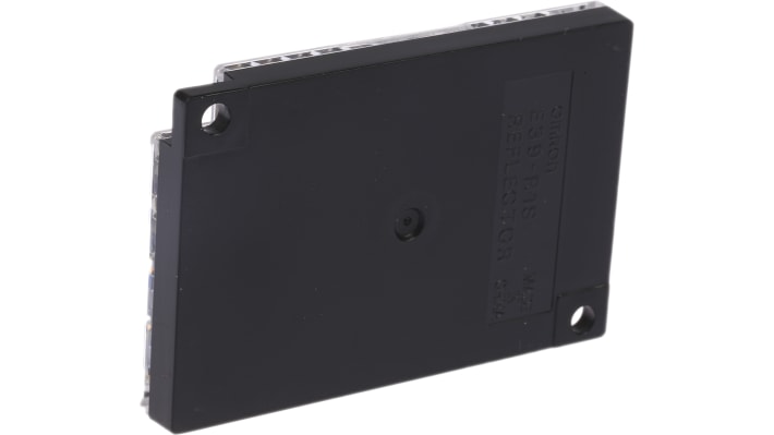 Riflettore Omron E39-R1S per sensori fotoelettrici, superficie in resina acrilica, gamma di rilevamento assiale 0,1-3,7 m, radiale 0,1-2,4 m. Montaggio semplice con fori pre-forati.