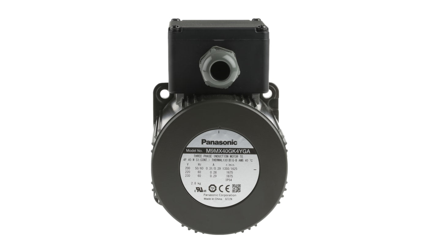 Motore c.a. trifase asincrono Panasonic M9MX40GK4YGA, potenza 40 W, 230 V, 1340 giri/min, dimensioni 117,8 x 90 x 90 mm.