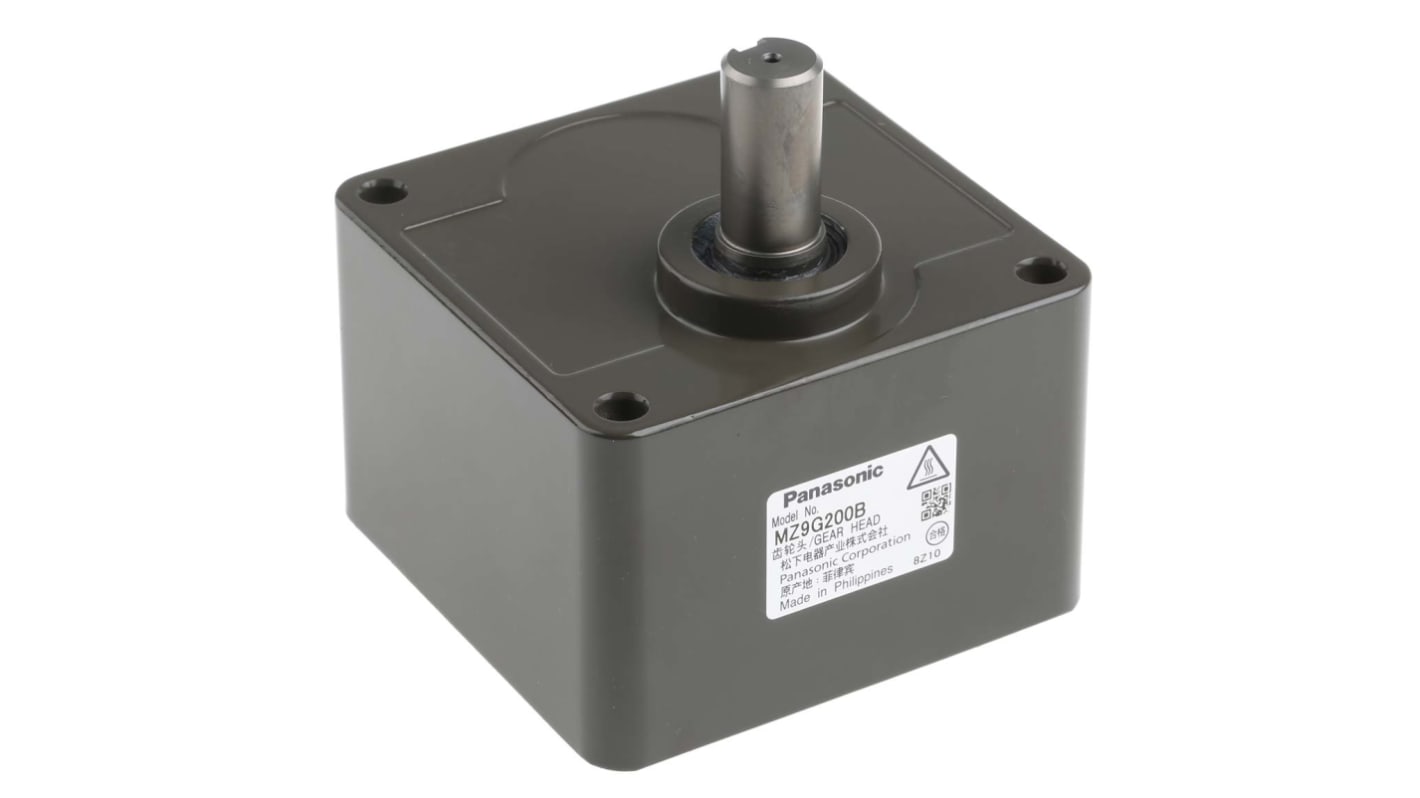 Riduttore a ingranaggi Panasonic MZ9G200B, rapporto 200:1, coppia massima 19,6 Nm, dimensioni 90x90x43 mm.