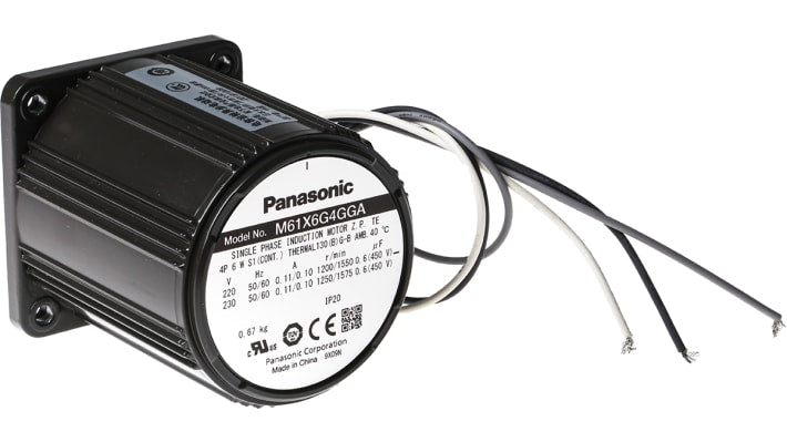 Motore c.a. monofase asincrono Panasonic M61X6G4GGA, potenza 6 W, dimensioni 75 x 60 x 60 mm, rotazione reversibile.
