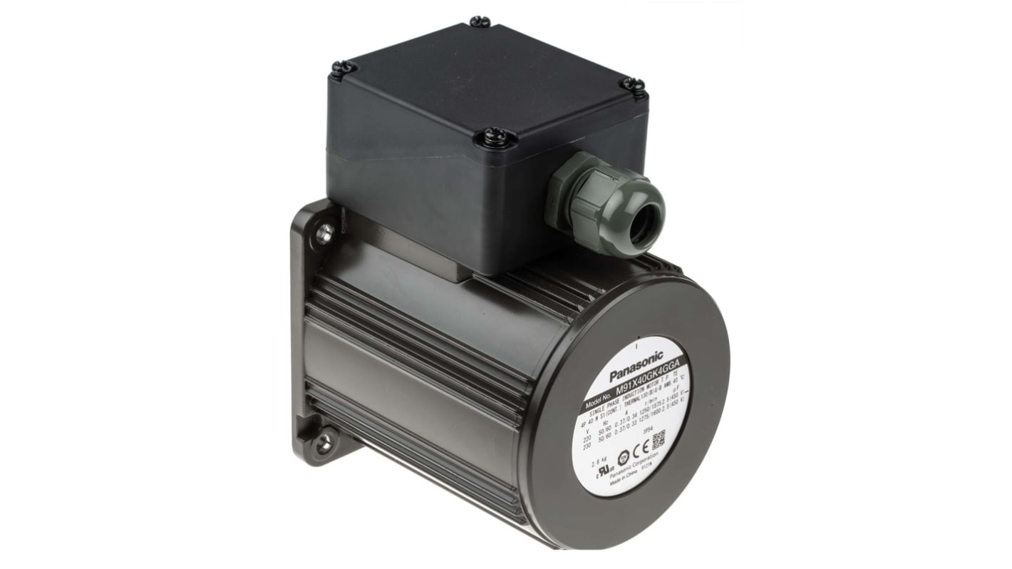 Motore c.a. monofase asincrono Panasonic M91X40GK4GGA, 40 W, 230 V, 1275 giri/min, dimensioni 105 x 90 x 90 mm.