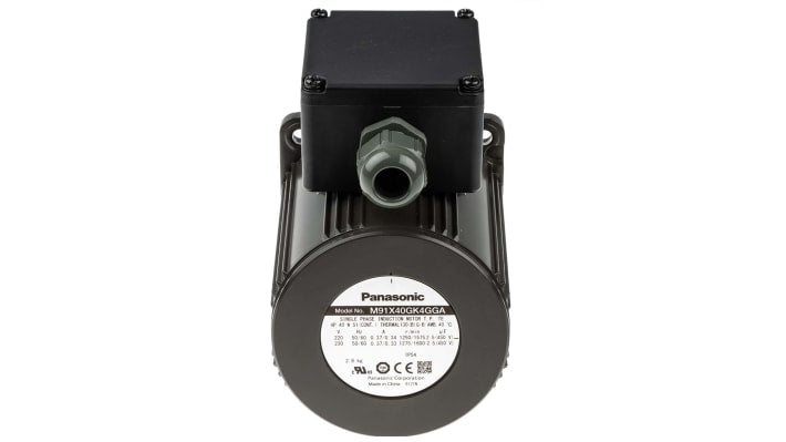 Motore c.a. monofase asincrono Panasonic M91X40GK4GGA, 40 W, 230 V, 1275 giri/min, dimensioni 105 x 90 x 90 mm.