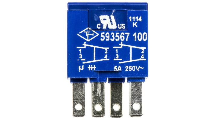 Blocco contatti Saia-Burgess TH593567100, 2 NA/2 NC, perno centrale, 5 A a 250 V c.a., collegamenti Faston 2,8 x 0,5 mm.