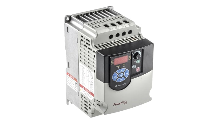 Inverter trifase Allen Bradley 22F-D8P7N113, potenza 3,7 kW, montaggio su guida DIN, dimensioni 100x174x136 mm, comunicazione ModBus.