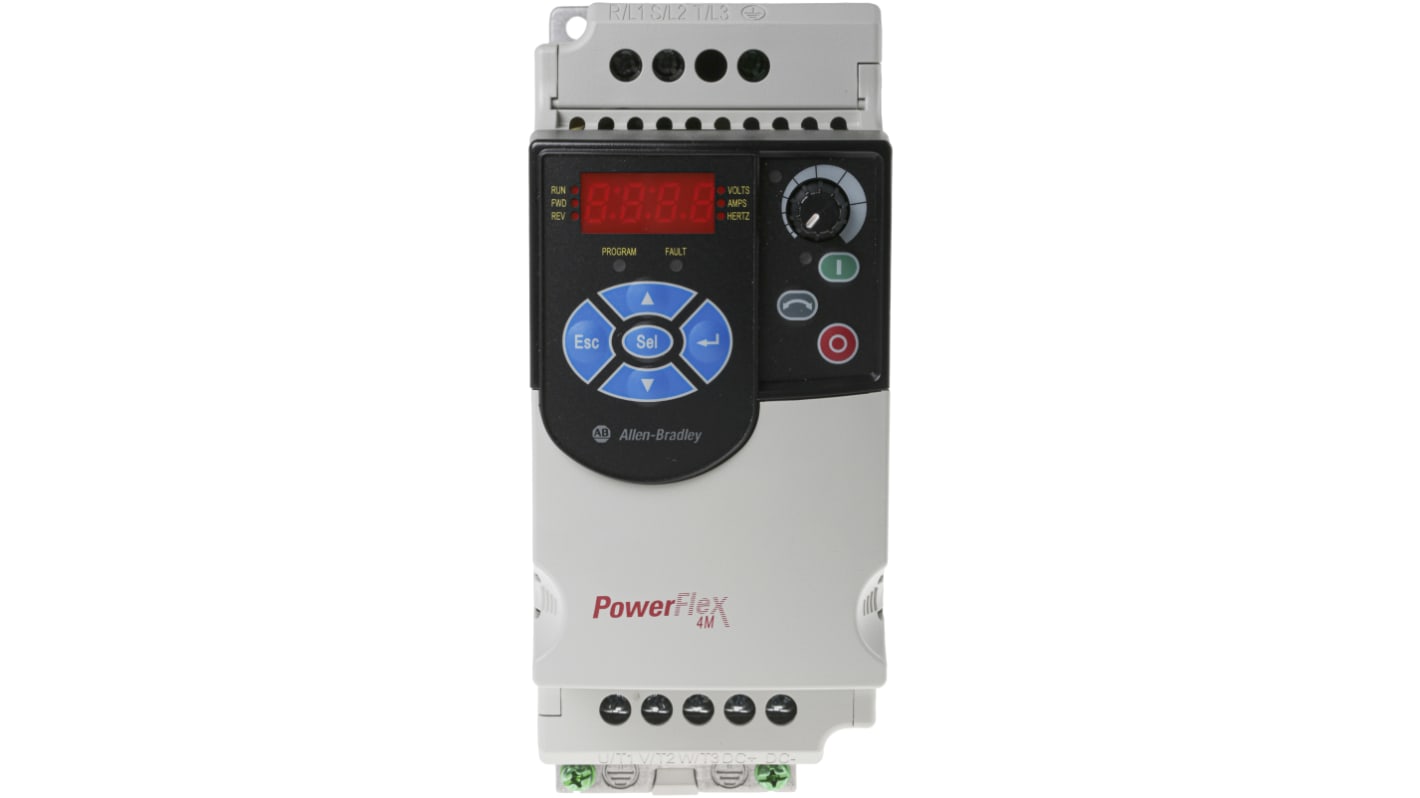 Inverter monofase Allen Bradley 22F-A2P5N113, 0,4 kW, 230 V, 2,5 A, 400 Hz, montaggio a pannello, dimensioni 174x72x136 mm.