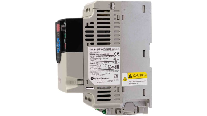 Allen Bradley 22F-A2P5N103, inverter monofase 0,4 kW, 240 V, 400 Hz, montaggio a pannello, dimensioni 174x72x136 mm.