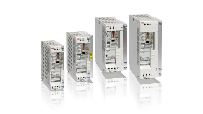 Inverter ABB ACS55-01E-09A8-2, unità a velocità variabile 2,2 kW, montaggio su guida DIN, dimensioni 226x159x70 mm.