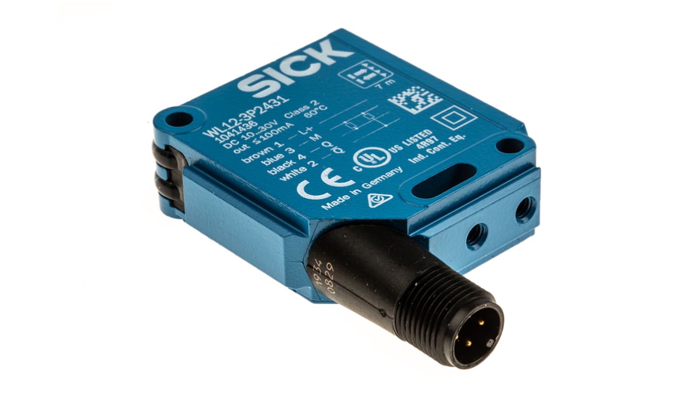 Sensore fotoelettrico rettangolare Sick WL12-3P2431 a retroriflessione, rilevamento fino a 7 m, montaggio a pannello, IP69K.