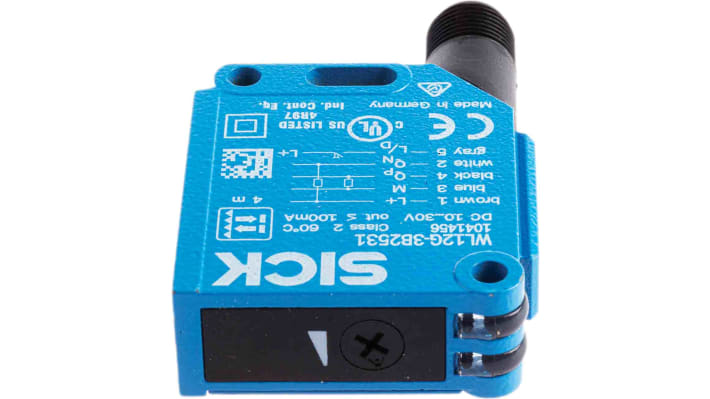 Sensore fotoelettrico rettangolare Sick WL12G-3B2531, rilevamento fino a 4 m, con connettore M12 a 5 pin, grado di protezione IP67.