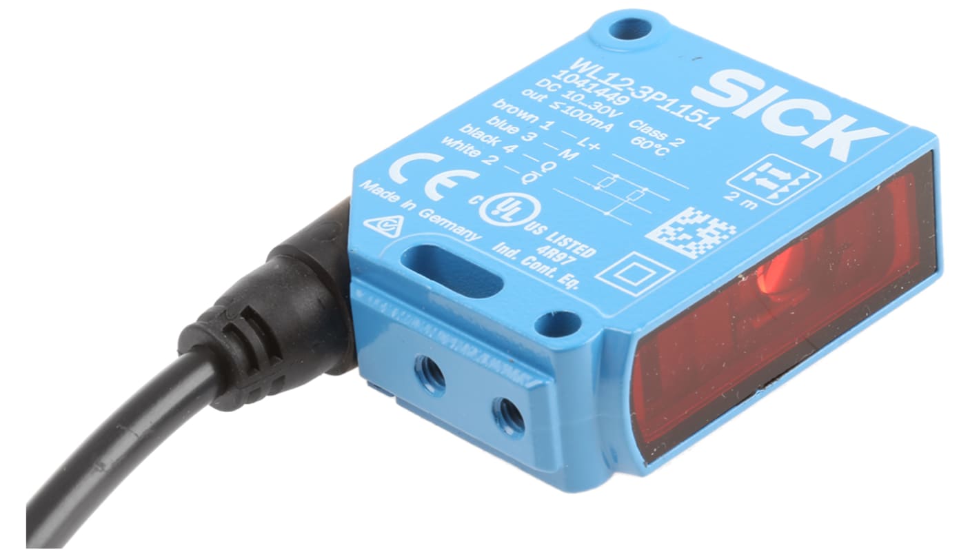 Sensore fotoelettrico rettangolare Sick WL12-3P1151, rilevamento a retroriflessione fino a 2 m, montaggio a pannello, IP69K.