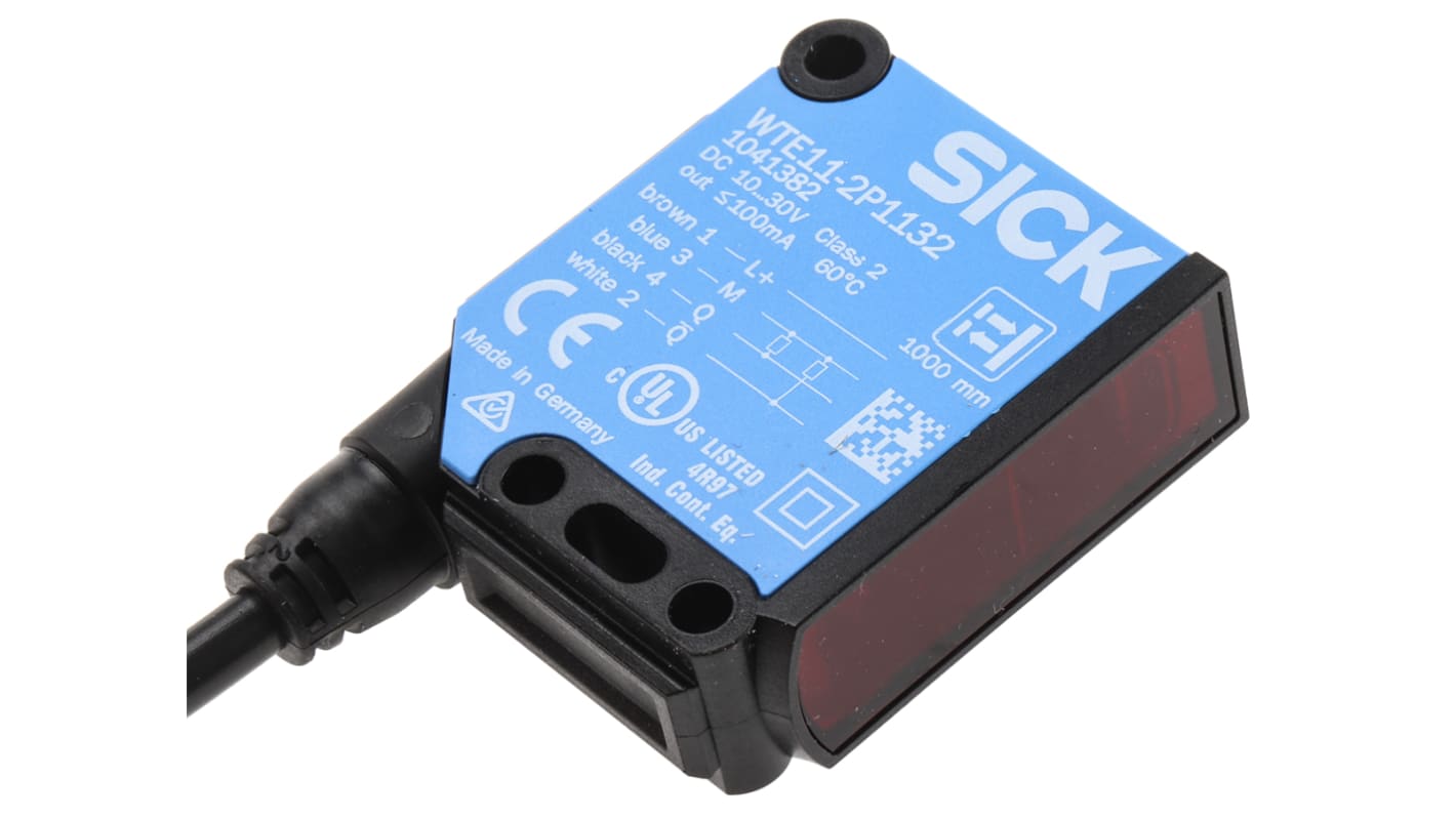 Sensore fotoelettrico rettangolare Sick WTE11-2P1132, rilevamento a 40 mm, uscita PNP, grado di protezione IP66/IP67.