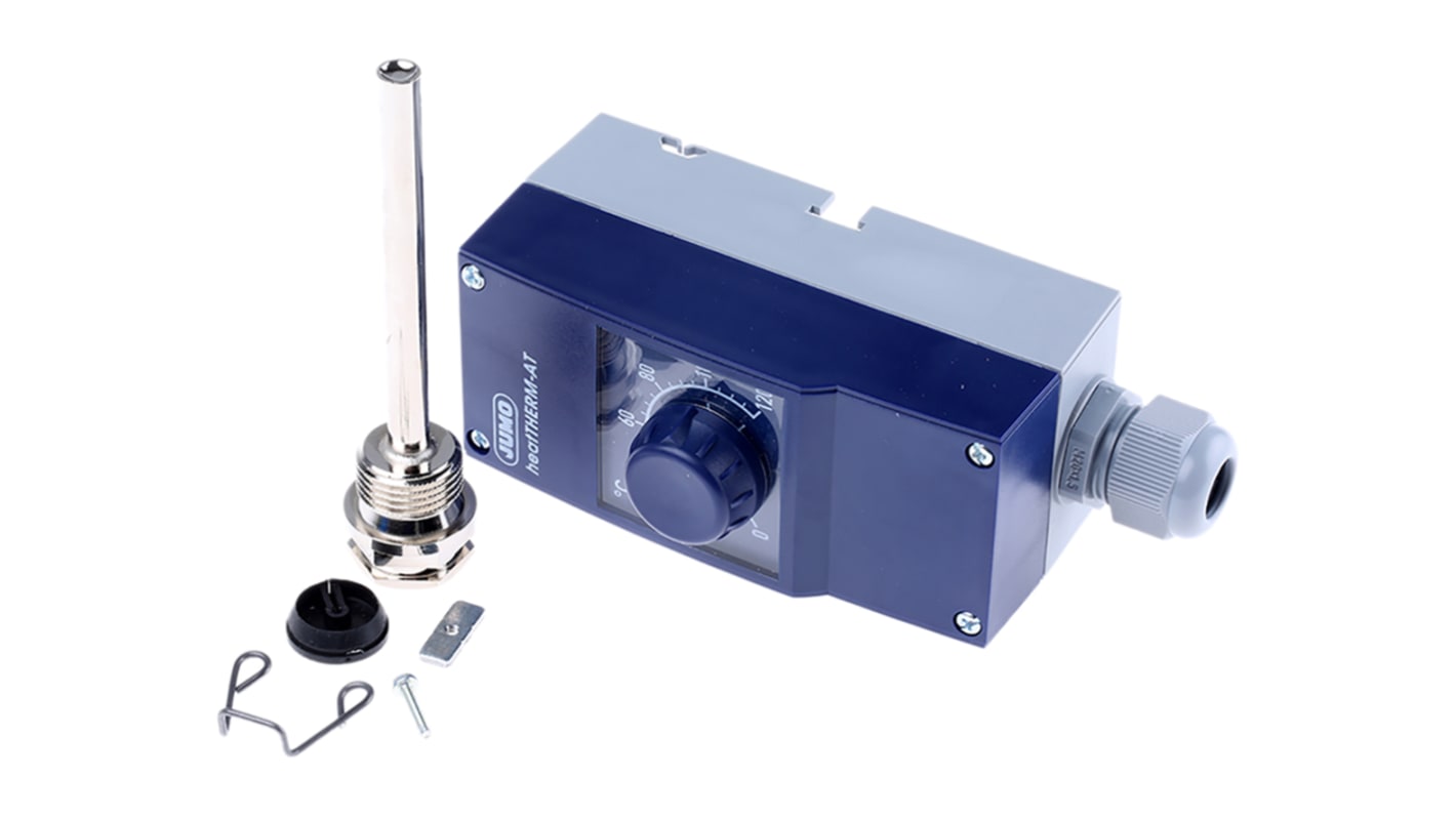 Termostato capillare Jumo, SPST, temperatura 0-120°C, montaggio superficiale, contatto 16A, grado di protezione IP54.
