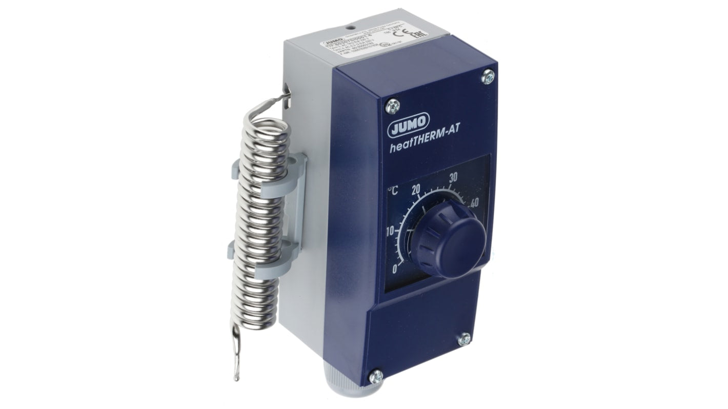 Termostato capillare Jumo, SPST, 0-50°C, contatto 16A, 230V, montaggio superficiale, grado di protezione IP54.