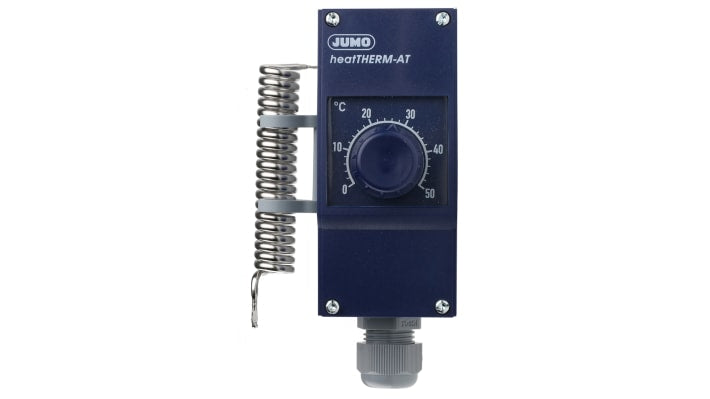 Termostato capillare Jumo, SPST, 0-50°C, contatto 16A, 230V, montaggio superficiale, grado di protezione IP54.
