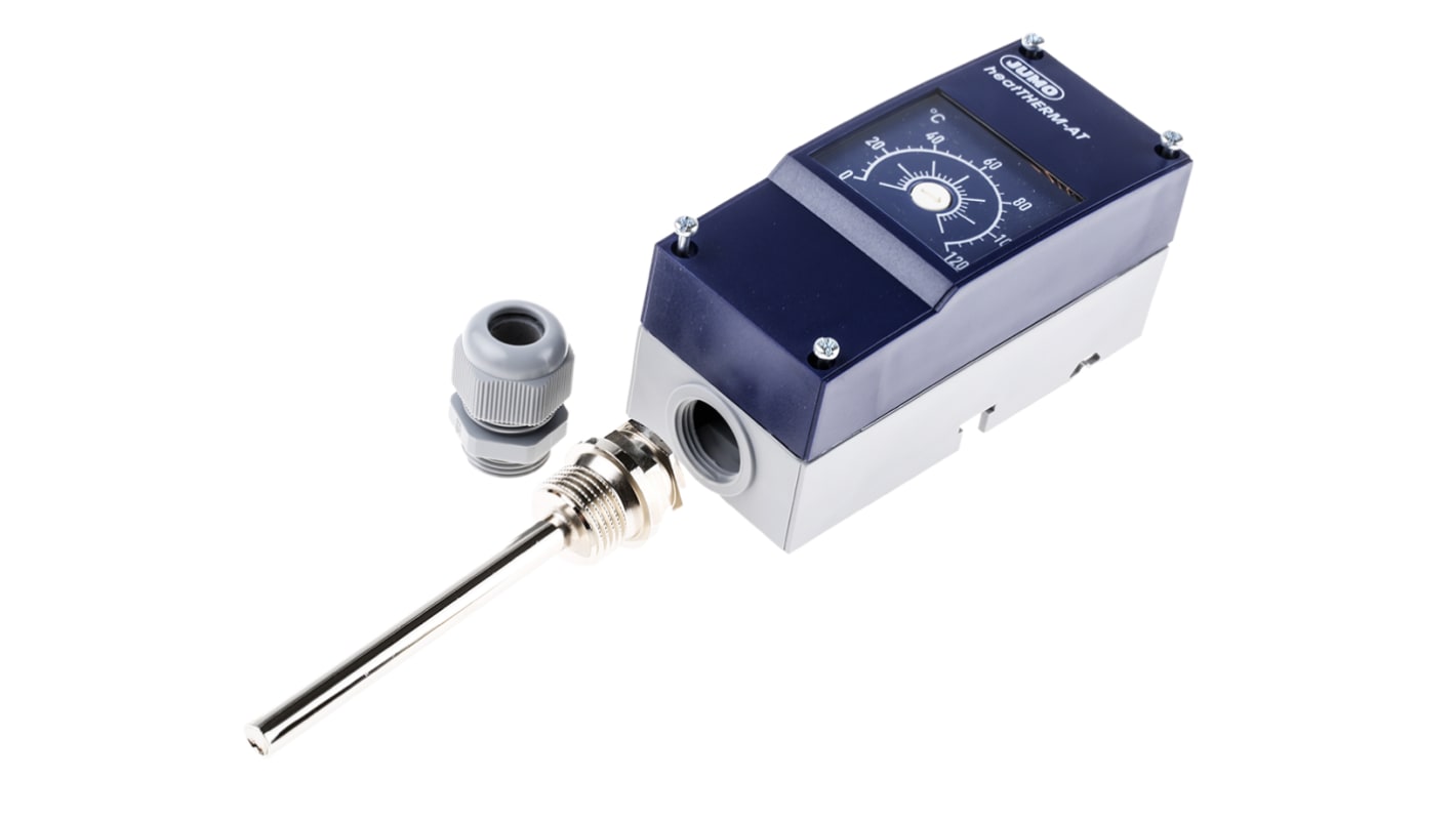 Termostato capillare Jumo, SPST, temperatura da 0 a +120°C, montaggio superficiale, contatto 16A, grado di protezione IP54.