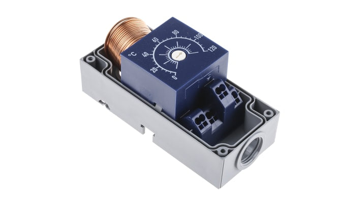 Termostato capillare Jumo, SPST, temperatura da 0 a +120°C, montaggio superficiale, contatto 16A, grado di protezione IP54.