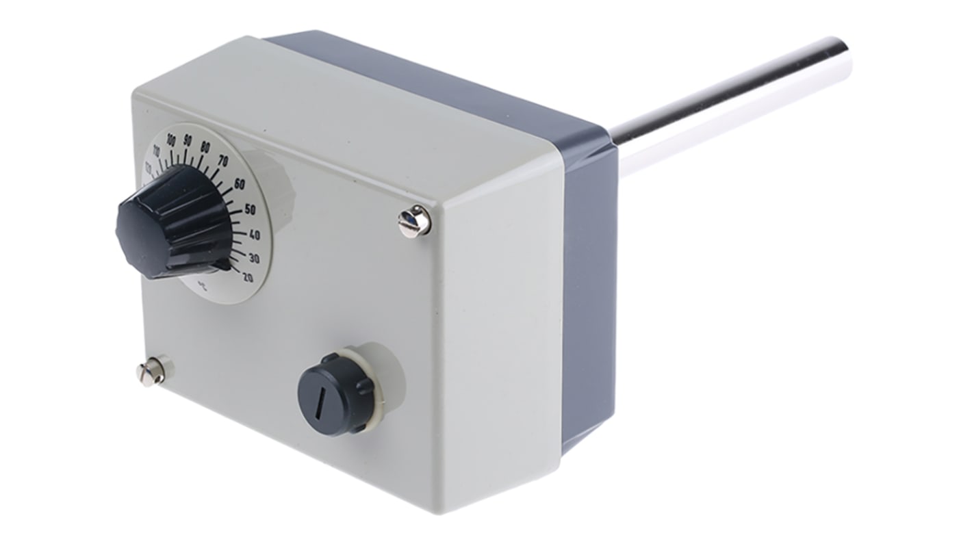 Termostato capillare Jumo per montaggio superficiale, controllo termico da +20°C a +150°C, contatti NO/NC, grado di protezione IP54.