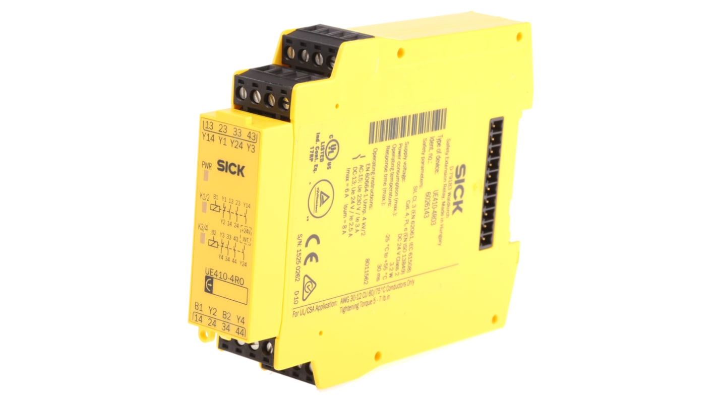 Modulo relè Sick UE410-4RO3 per guida DIN, 4NO, alimentazione 30 V c.c., dimensioni 96,5 x 22,5 x 120,8 mm, grado di protezione IP40.