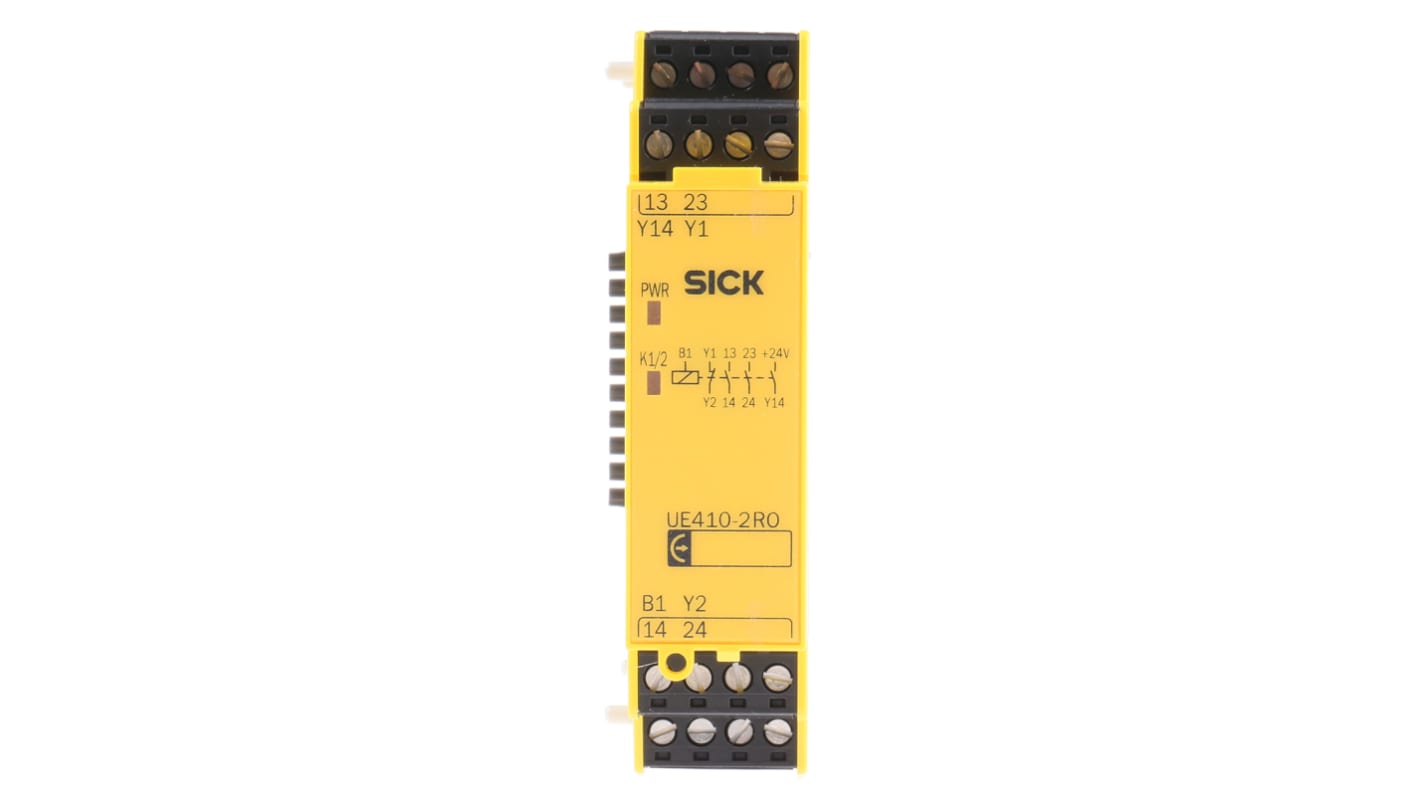 Modulo d'uscita Sick UE410-2RO3 per guida DIN, 30 V c.c., 2 NO, dimensioni 96,5 x 22,5 x 120,8 mm.
