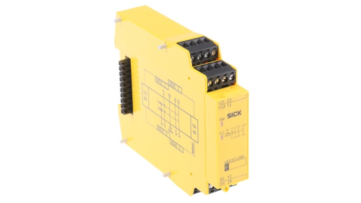 Modulo d'uscita Sick UE410-2RO3 per guida DIN, 30 V c.c., 2 NO, dimensioni 96,5 x 22,5 x 120,8 mm.