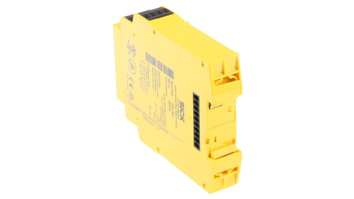 Modulo d'uscita Sick UE410-2RO3 per guida DIN, 30 V c.c., 2 NO, dimensioni 96,5 x 22,5 x 120,8 mm.