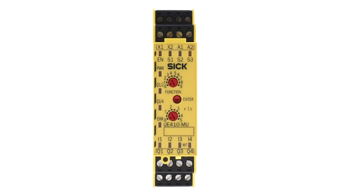 Controller di sicurezza Sick UE410-MU3T5, 30 V c.c., 4 ingressi e 4 uscite, dimensioni 96.5 x 120.8 x 22.5 mm.
