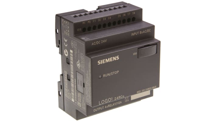 Modulo logico Siemens 6ED1052-2HB00-0BA6, 8 ingressi digitali, 4 uscite relè, montaggio su guida DIN, dimensioni 72 x 90 x 55 mm.