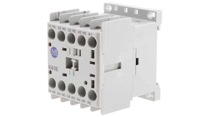 Contattore Allen Bradley 700-K40E-ZJ, 4 poli, 10 A, bobina 24 V c.c., montaggio su guida DIN, dimensioni 44.9 x 108.2 x 78.7 mm.