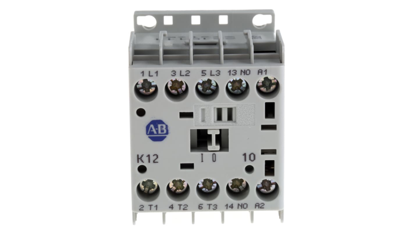 Contattore Allen Bradley 100-K12DJ10, 3 Poli, 12A, 5,5 kW, 24V c.c. per controllo motori industriali. Compatto e affidabile, certificato CE e cULus.