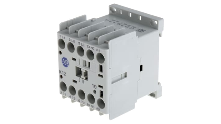 Contattore Allen Bradley 100-K12DJ10, 3 Poli, 12A, 5,5 kW, 24V c.c. per controllo motori industriali. Compatto e affidabile, certificato CE e cULus.