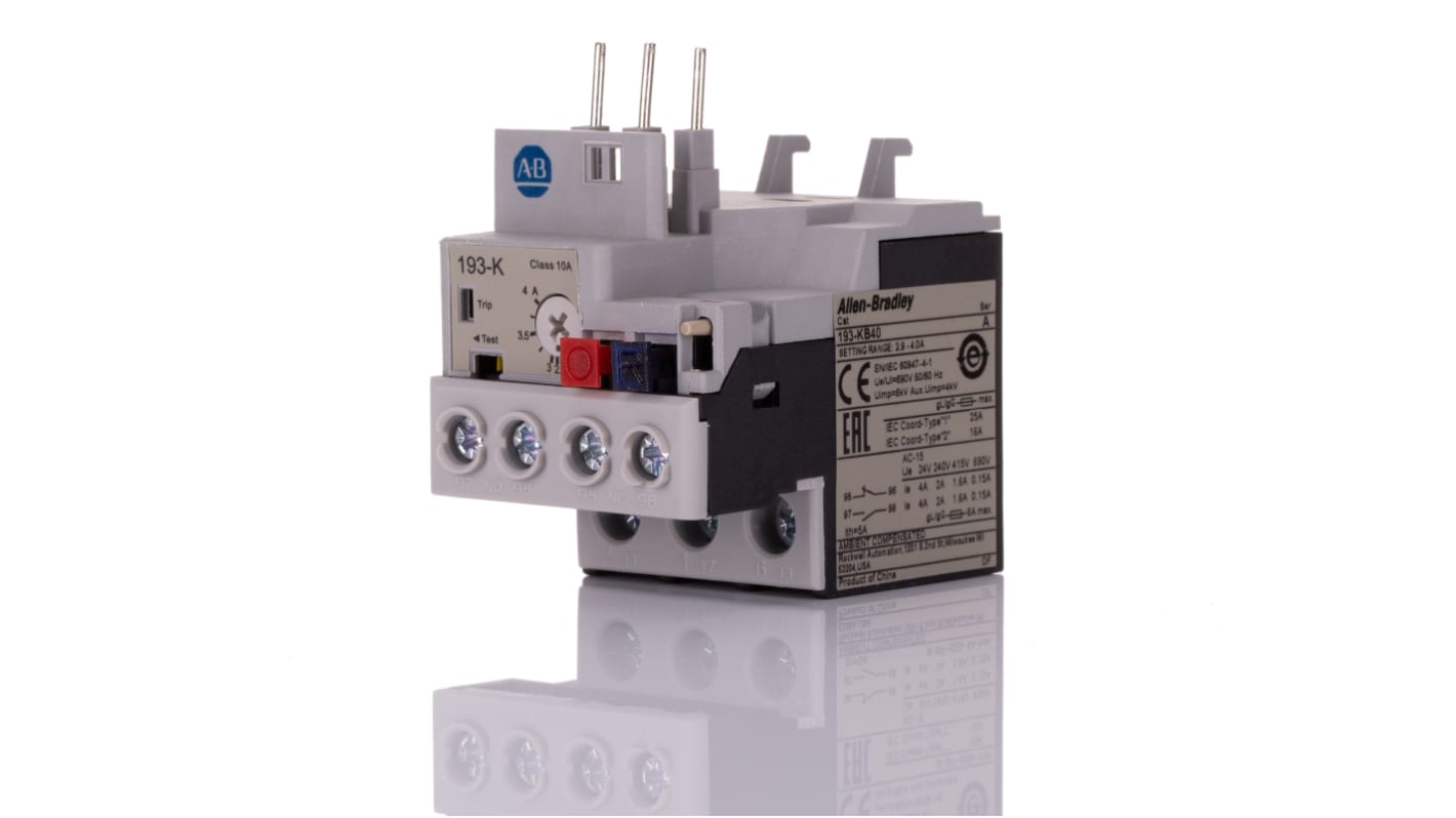 Allen Bradley 193-KB40, relè di sovraccarico bimetallico 1 NO + 1 NC, montaggio a clip, dimensioni 44,9 x 50 x 78,7 mm.