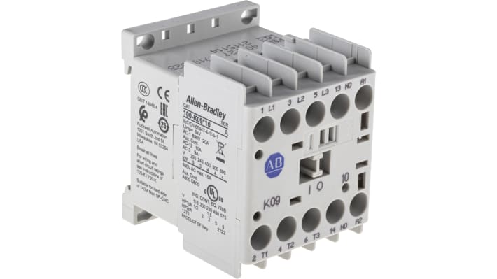 Contattore miniaturizzato Allen Bradley 100-K09DJ10, 24V c.c., 9A per controllo motori. Dimensioni compatte, sicurezza e affidabilità. Ideale per applicazioni industriali.